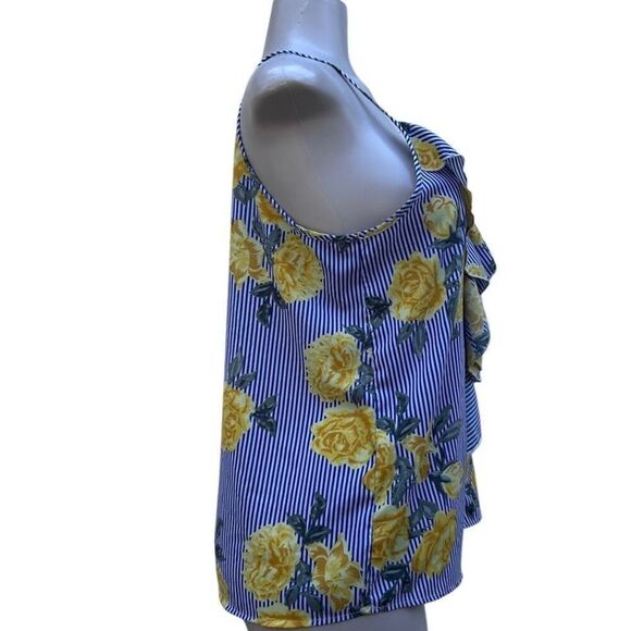 Time To Bloom Blouse Medium Blue Yellow Striped Floral Ruffle Spaghetti Strap - Picture 8 of 16